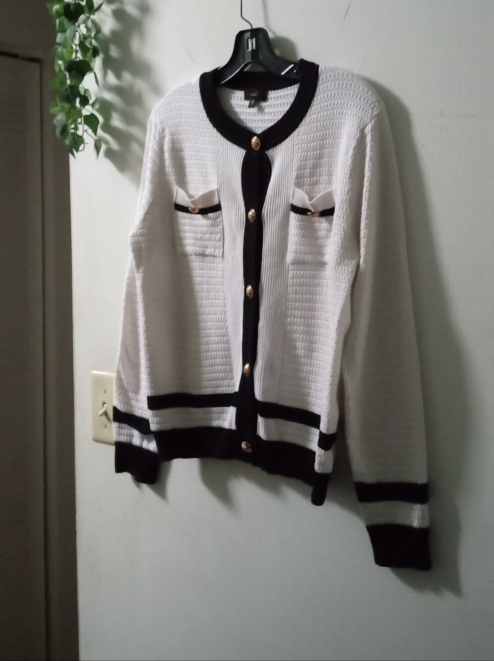 Classic White & Black Trim Women's Cardigan Sweater